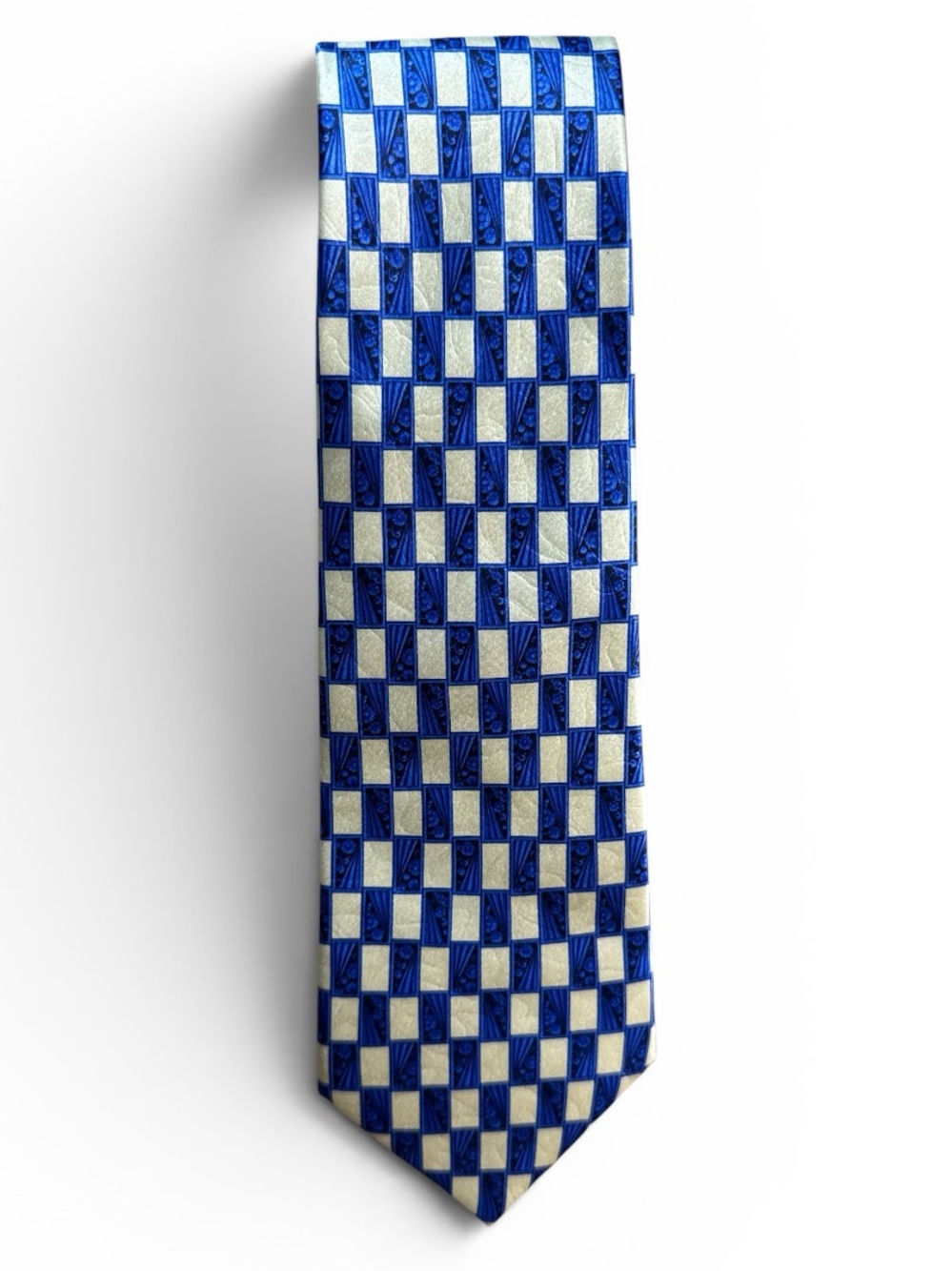 Lanvin Blue and White Checkerboard Silk Tie #629